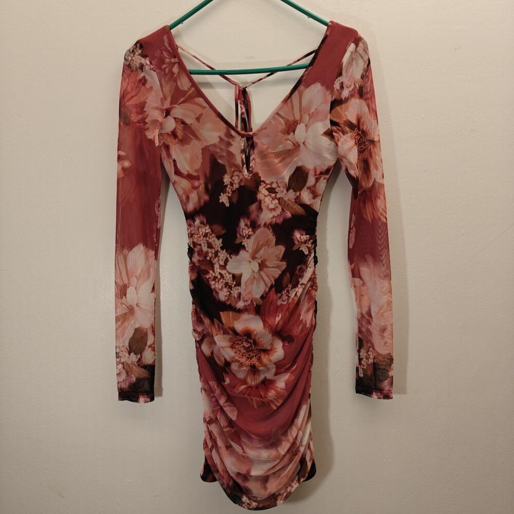 Emerald Sundae Long Sleeve Floral Mesh Ruched Bodycon Mini Dress(XS)